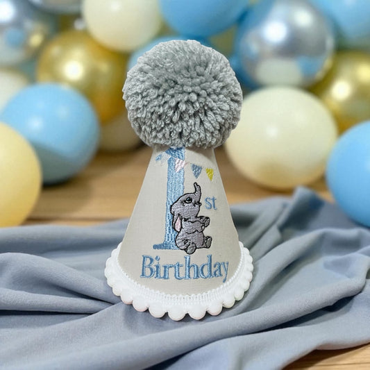 Personalised Dumbo 1st Birthday Party Hat for Baby Boy, Toddler Cake Smash Hat with Grey Pompom, Custom Handmade Keepsake
