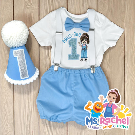 Personalised Ms Rachel Birthday Outfit – Cake Smash Bodysuit with Name & Age, Blue Bloomers, Braces & Party Hat – Also Available T-shirt or Sweatshirt