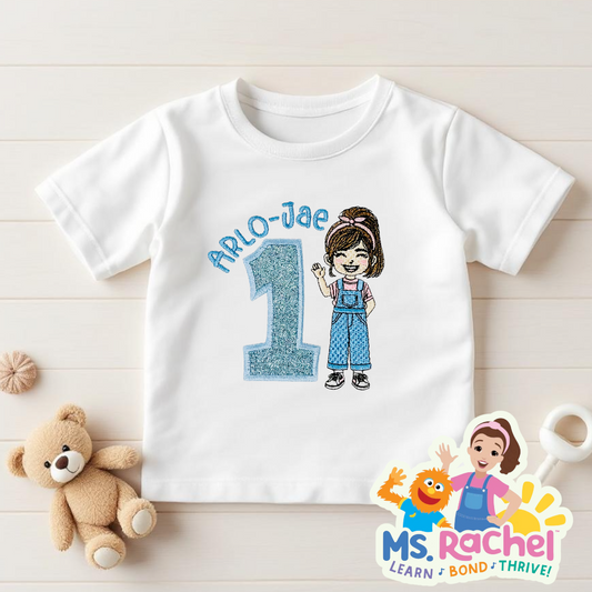 Ms Rachel Personalised Birthday T-shirt or Sweatshirt – Embroidered with Name Age, Character-Inspired Design – Baby & Toddler Cake Smash Top