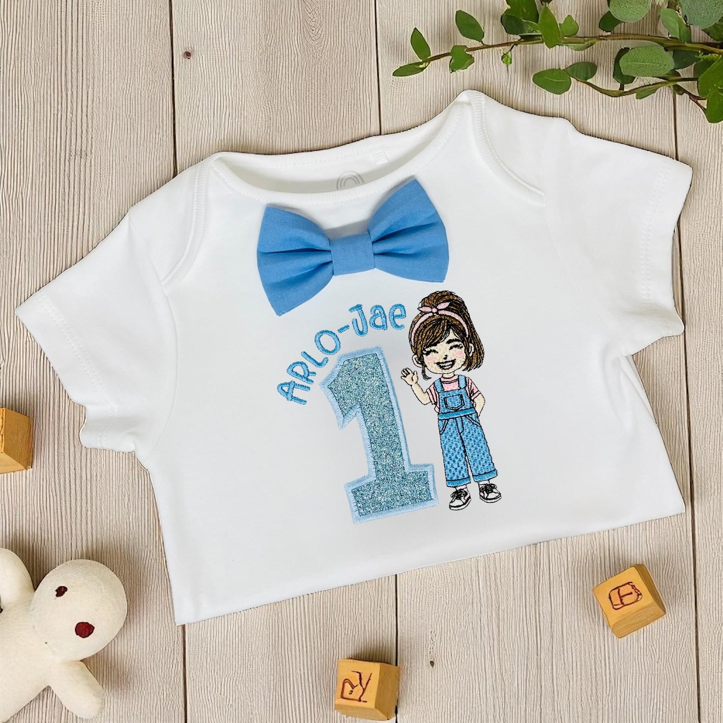 Personalised Ms Rachel Birthday Outfit – Cake Smash Bodysuit with Name & Age, Blue Bloomers, Braces & Party Hat – Also Available T-shirt or Sweatshirt