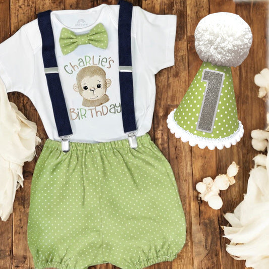 Little Monkey First Birthday Outfit – Made to Order 4-Piece Set (Bow Tie, Braces, Bloomers & Party Hat)