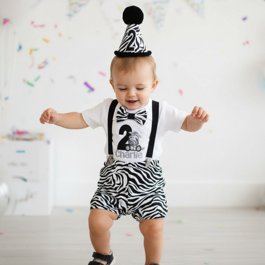 Zebra Cake Smash Outfit – Baby Boys Safari Birthday Clothes With Adjustable Suspender Braces