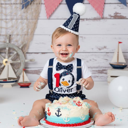 Baby wearing personalised sailor duck birthday outfit with navy bloomers and hat