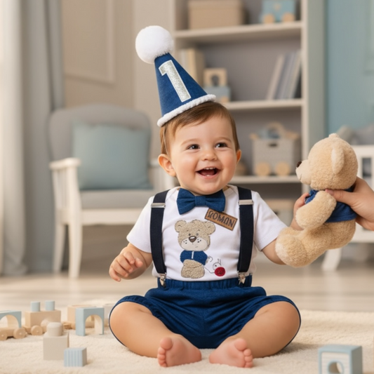 Baby Cake Smash Outfit – Personalised First Birthday Embroidered Teddy Bear Shirt & Linen Cotton Shorts