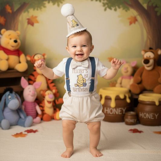 Winnie The Pooh Outfit | Neutral Baby Birthday Clothes With Suspender Braces & Embroidered Hat