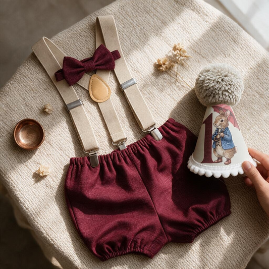 A styled flat-lay of a baby outfit set featuring burgundy bloomers with beige suspenders, a matching burgundy bow tie, and a decorative party hat held by a hand. The items are arranged on a textured beige fabric background with dried floral accents.