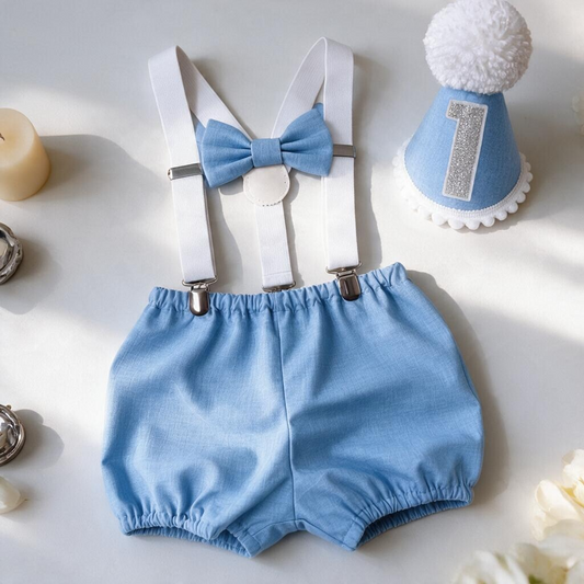 Baby Boy Blue Braces Birthday Outfit – Handmade Cake Smash Set