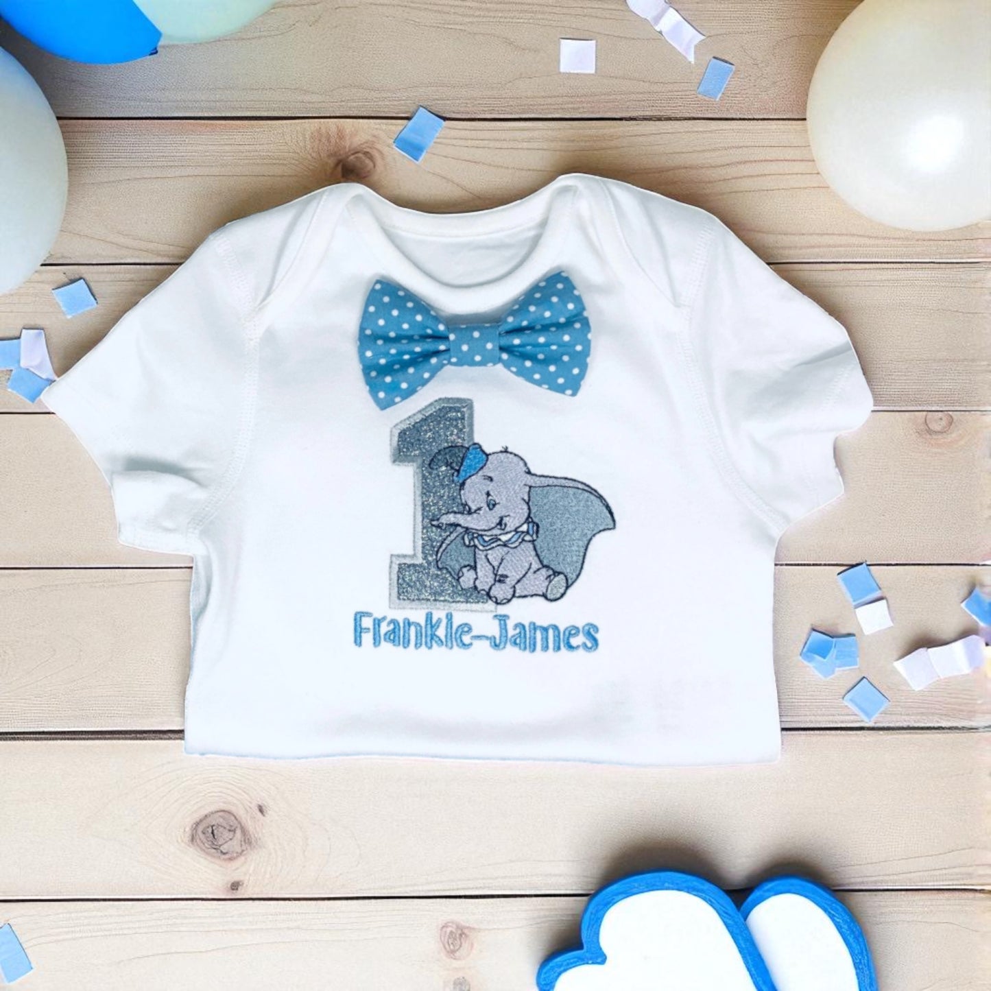 Dumbo Cake Smash Outfit – Blue Polka Dot Baby Boy Party Clothes with Custom Embroidered Vest