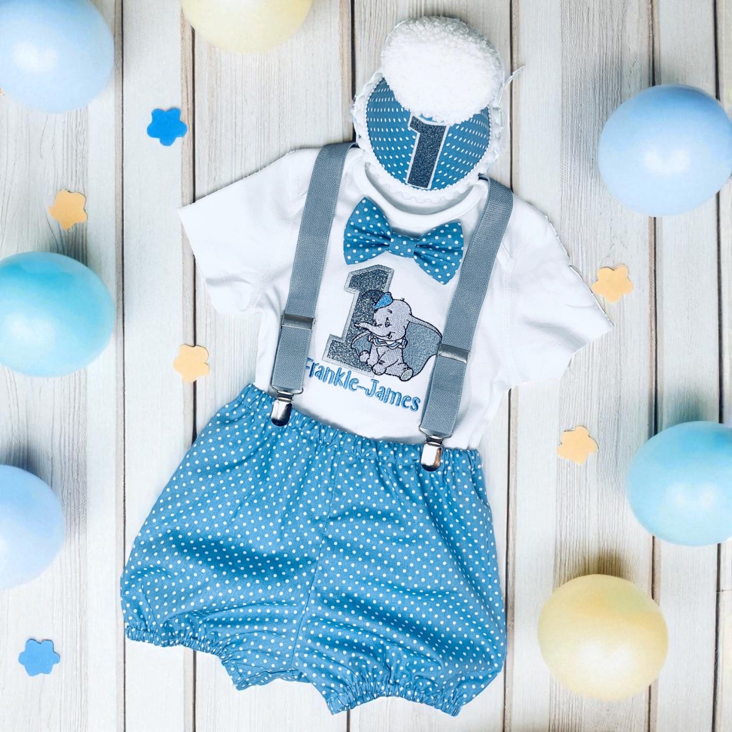 Dumbo Cake Smash Outfit – Blue Polka Dot Baby Boy Party Clothes with Custom Embroidered Vest