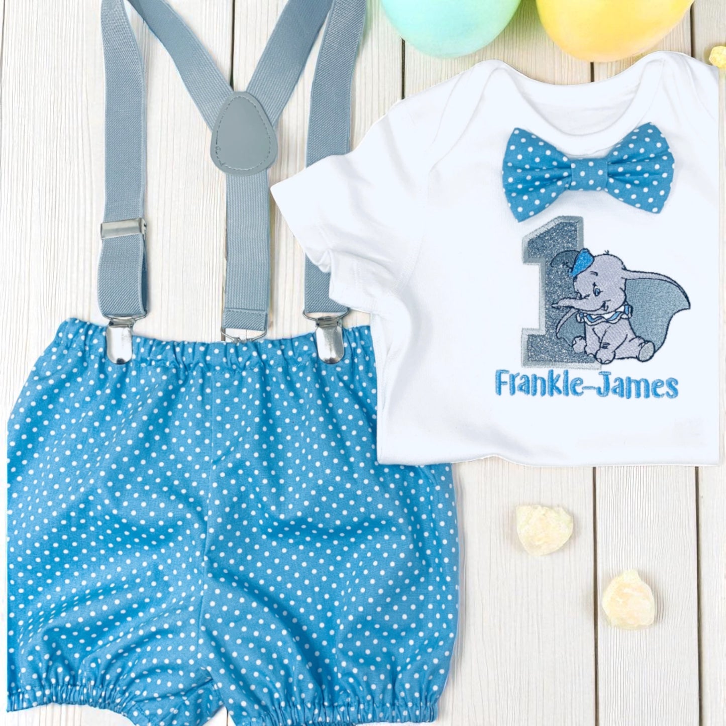 Dumbo Cake Smash Outfit – Blue Polka Dot Baby Boy Party Clothes with Custom Embroidered Vest