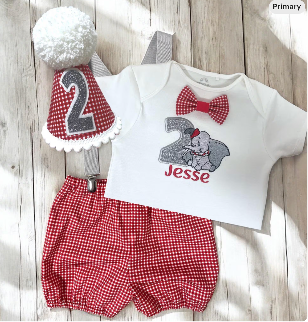Dumbo Birthday Outfit – Baby Boy Cake Smash Outfit With Red Gingham Shorts & Hat