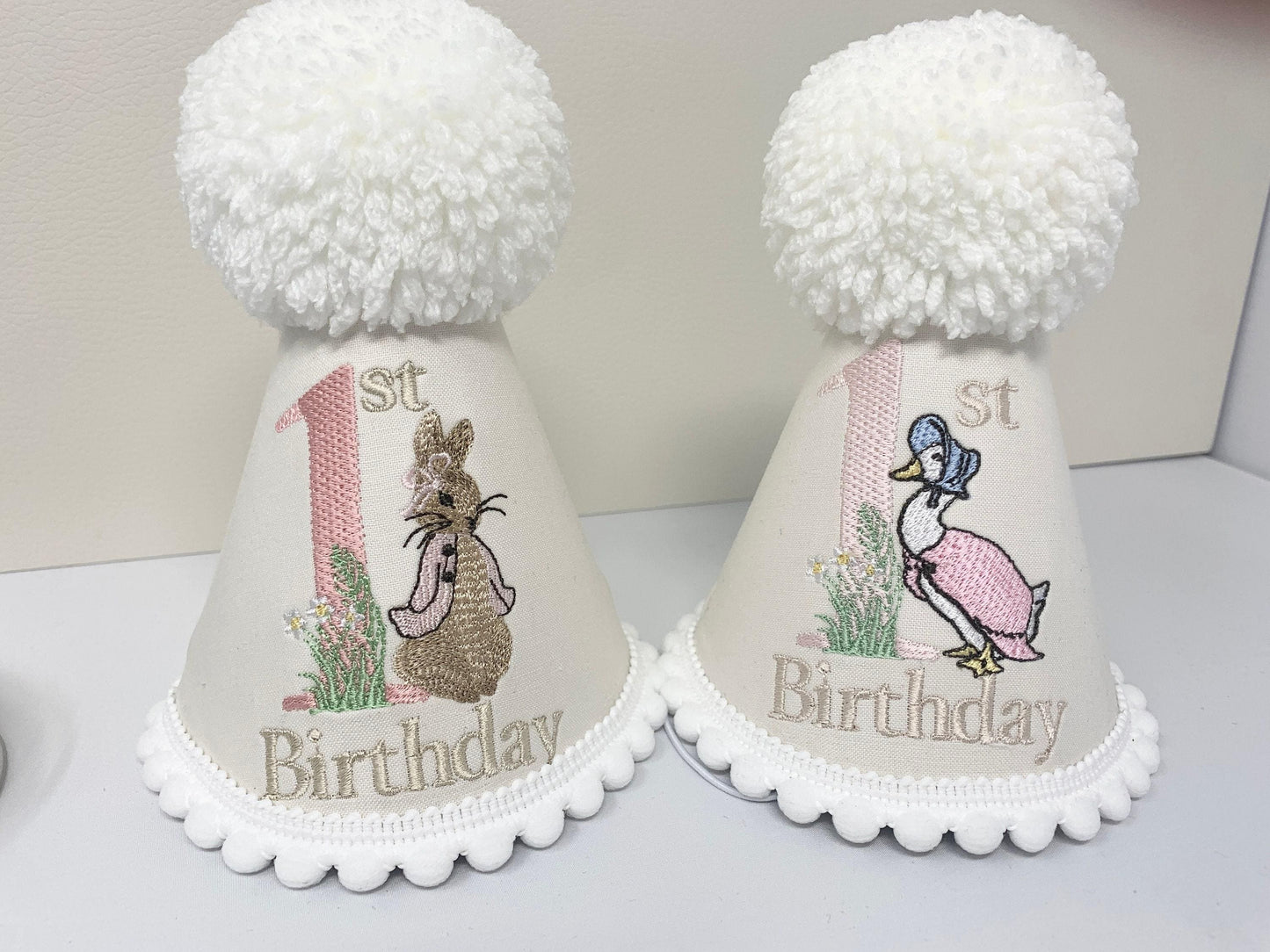Personalised Flopsy Bunny Party Hat – Pink Birthday Cake Smash Keepsake With Fluffy Pom Pom