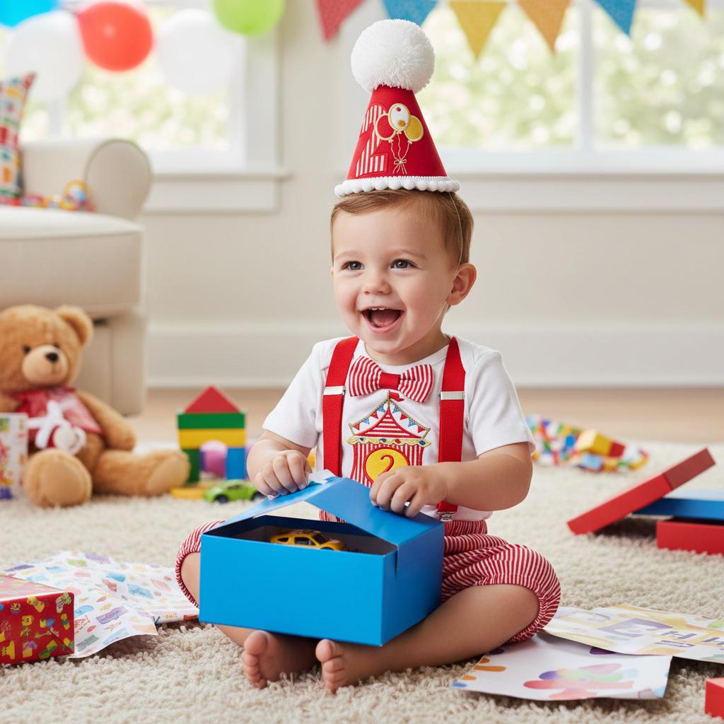 picture of a toddler wearing a red striped circus outfit with matching party hat opening presents