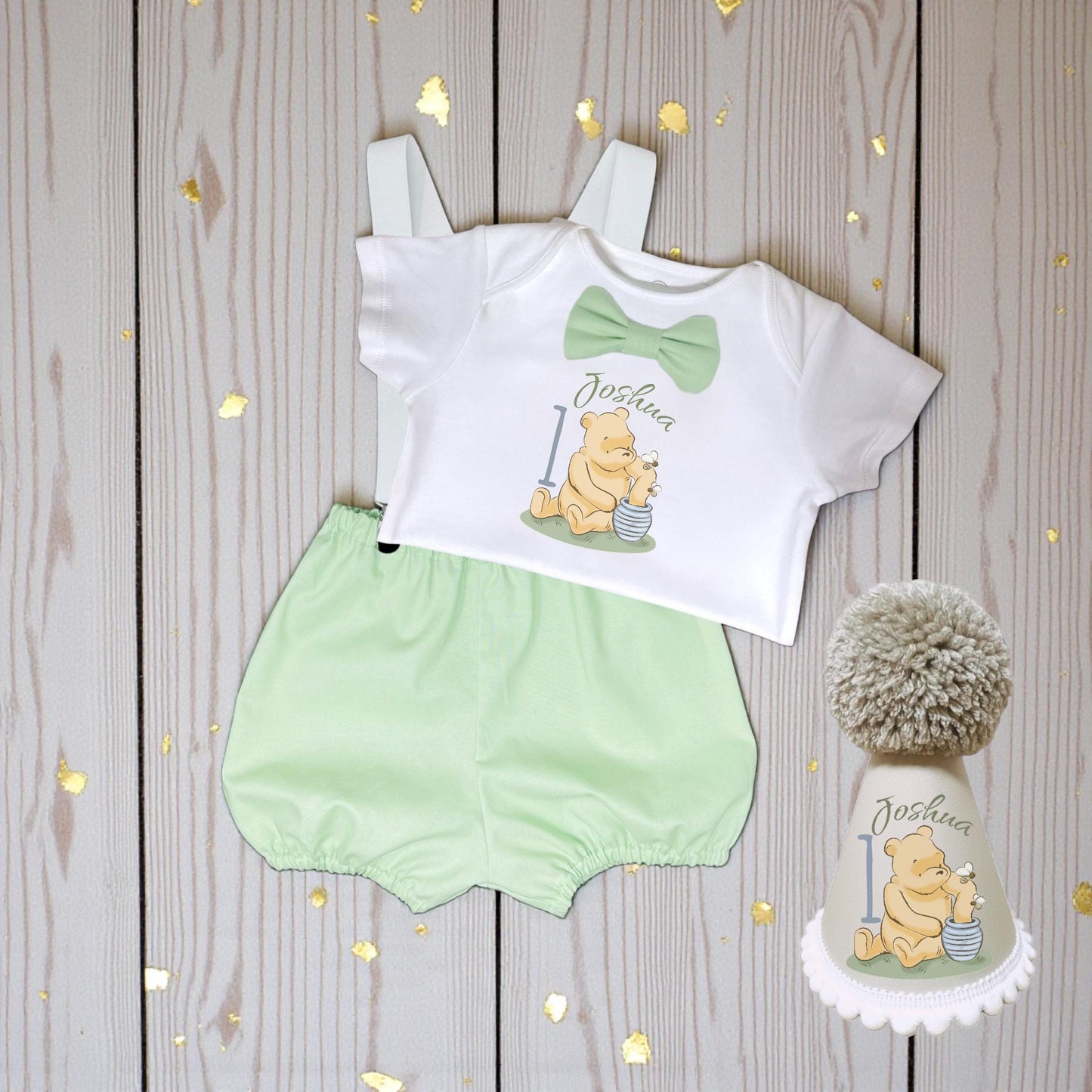 Personalised Honey Bear First Birthday Outfit | Green Cake Smash Set