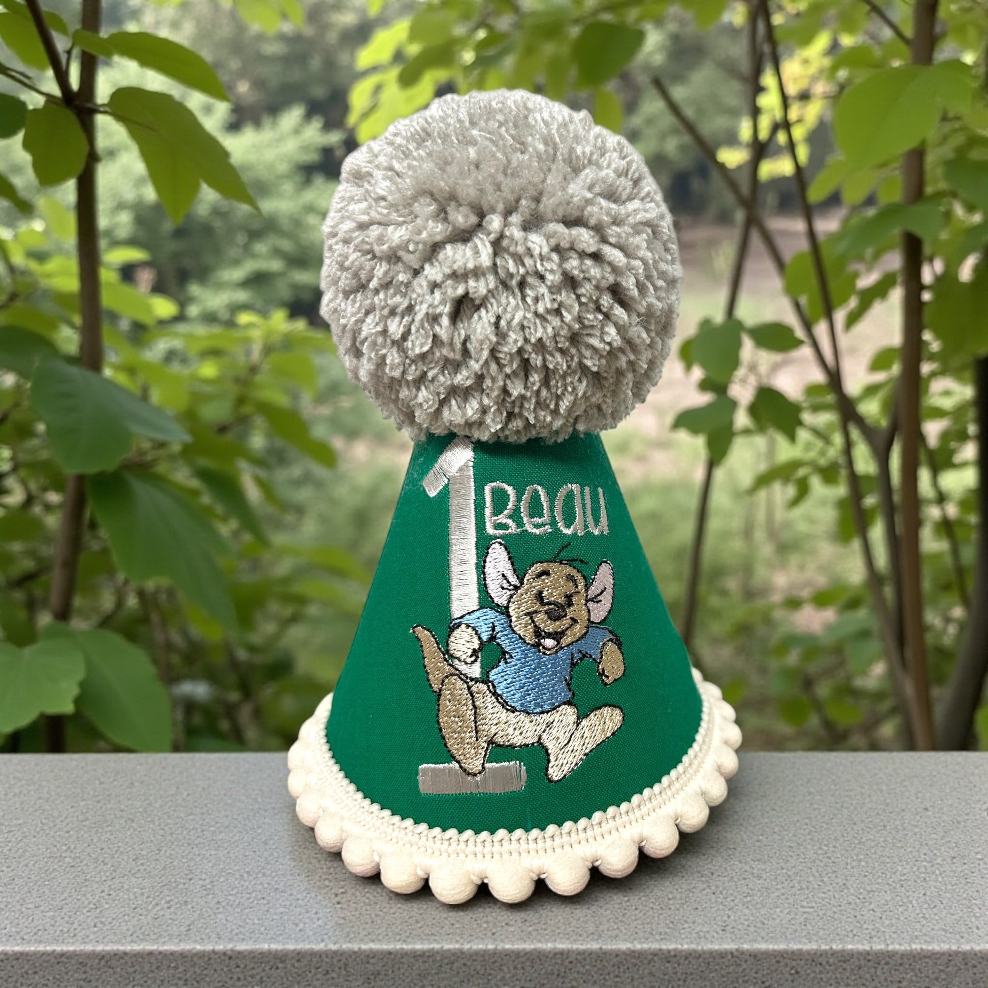 Handmade Roo birthday party hat with pom pom embroidery