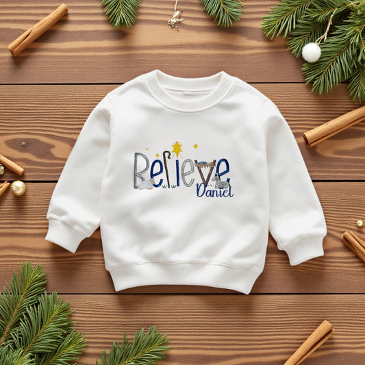 ⭐ Personalised “Believe” Christmas Jumper – Made to Order with Embroidered Nativity Scene | Custom Festive Sweater for Children