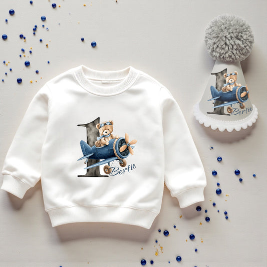 Personalised airplane teddy birthday sweatshirt for baby boys with matching handmade hat