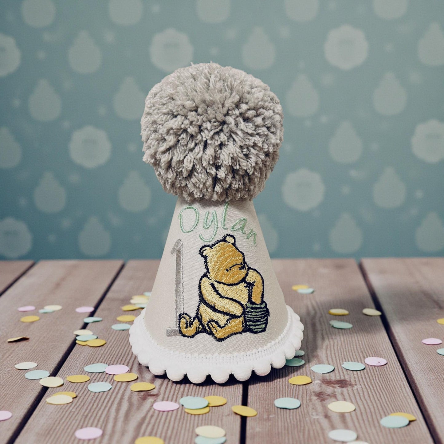 Personalised honey bear embroidered first birthday hat with pom pom