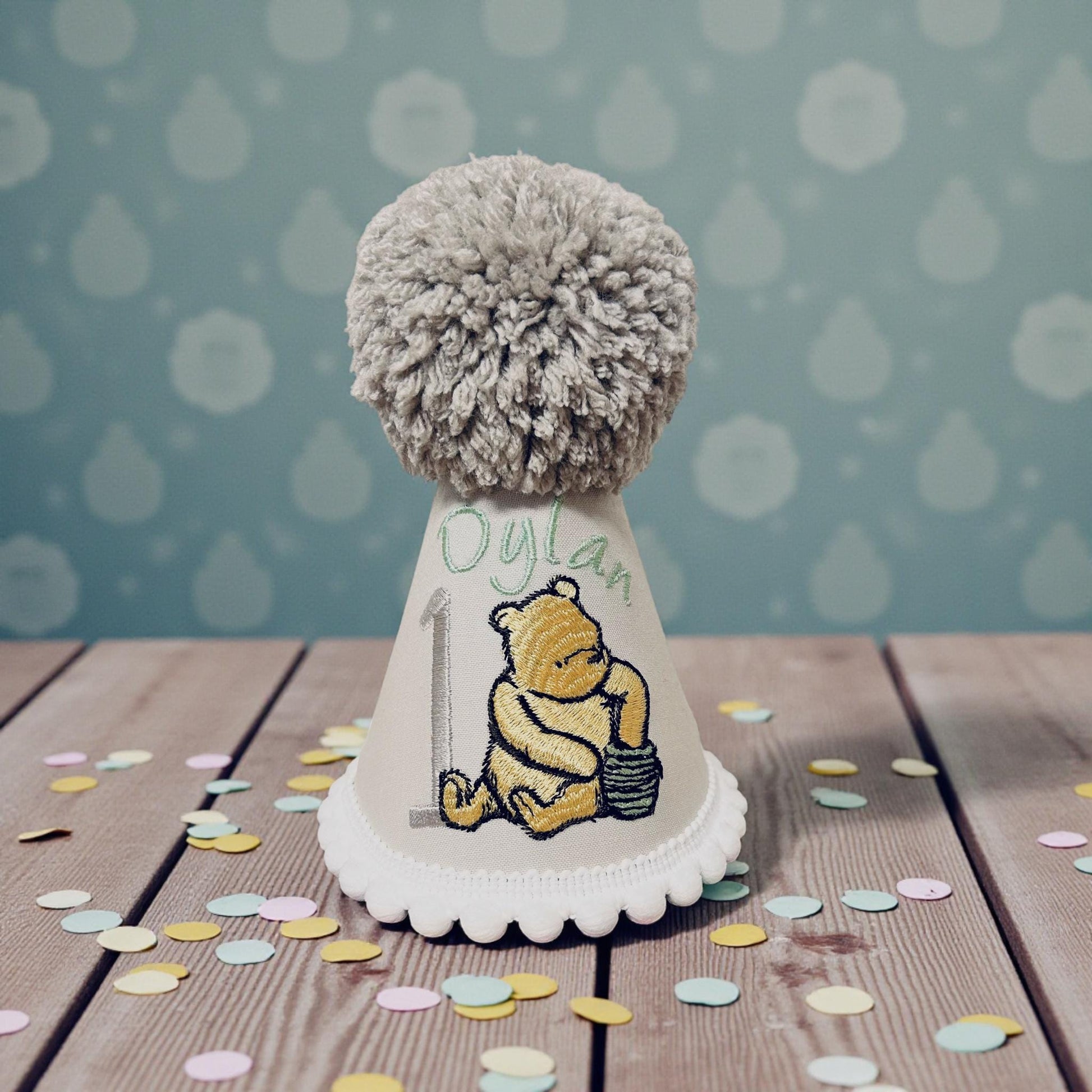 Personalised honey bear embroidered first birthday hat with pom pom