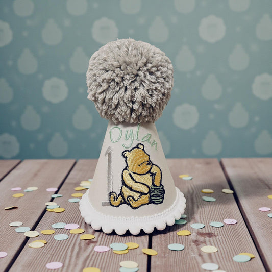 Personalised honey bear embroidered first birthday hat with pom pom