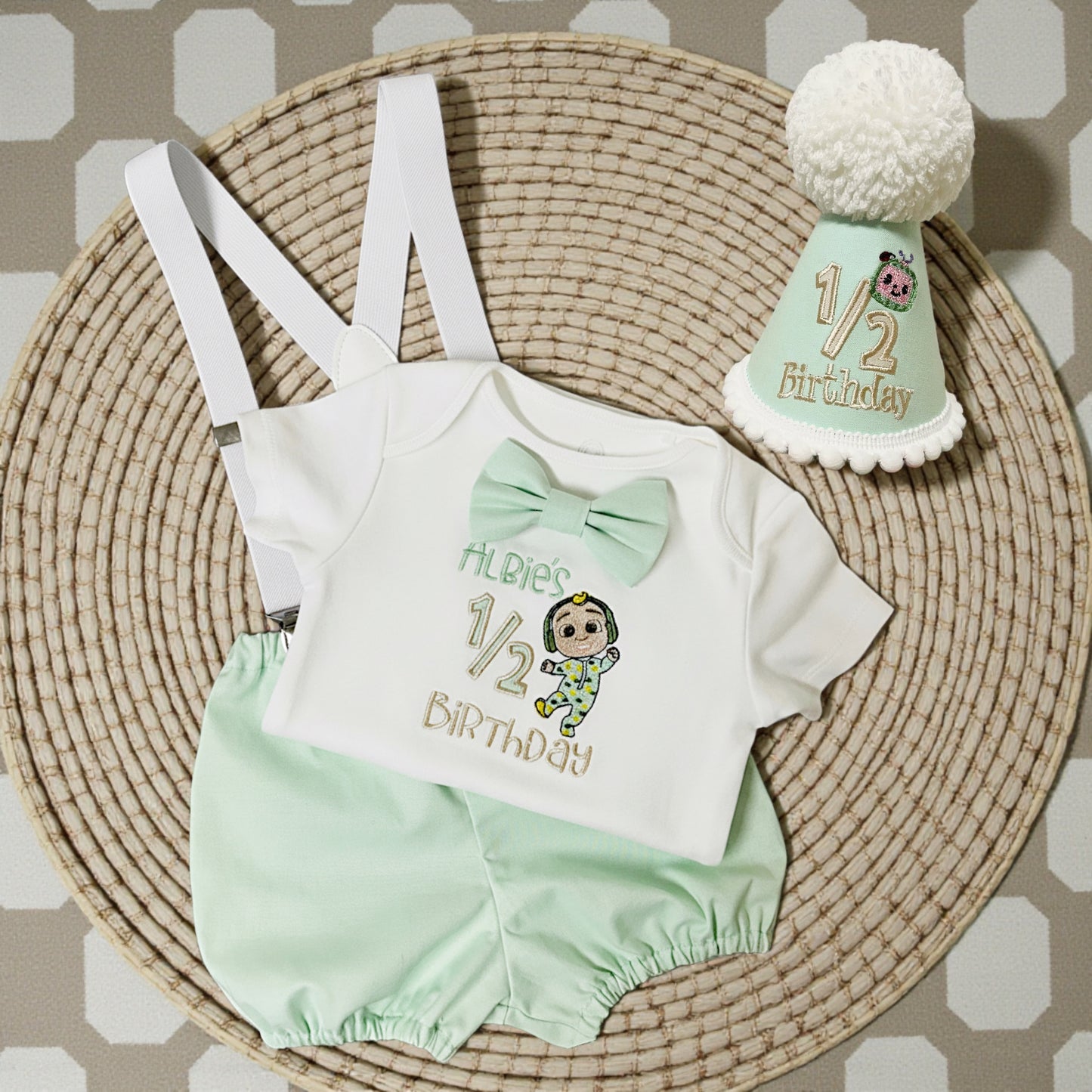 Baby Half Birthday Outfit – Personalised Mint Green Handmade Cake Smash Set
