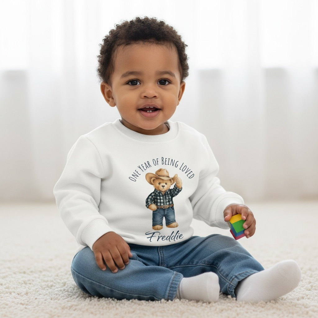 Baby wearing white personalised cowboy bear birthday sweatshirt, printed with name