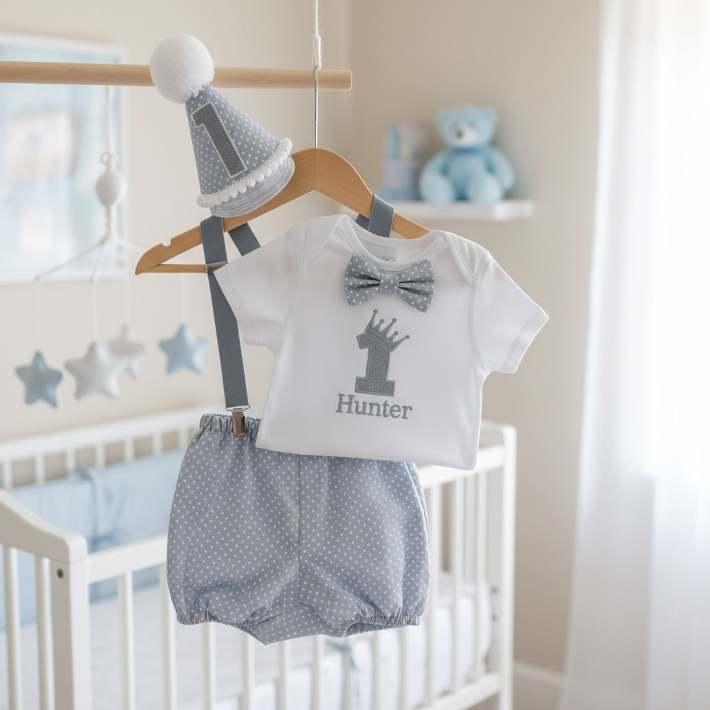 Boys Cake Smash Outfit - Personalised Grey Silver Crown First Birthday Set