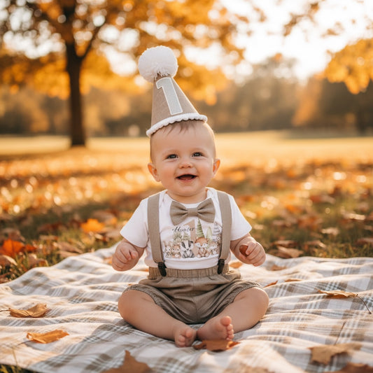 Baby boy wearing personalised woodland first birthday outfit with taupe bloomers, braces, printed bodysuit and handmade birthday hat, sitting on blanket during autumn outdoor cake smash photoshoot.