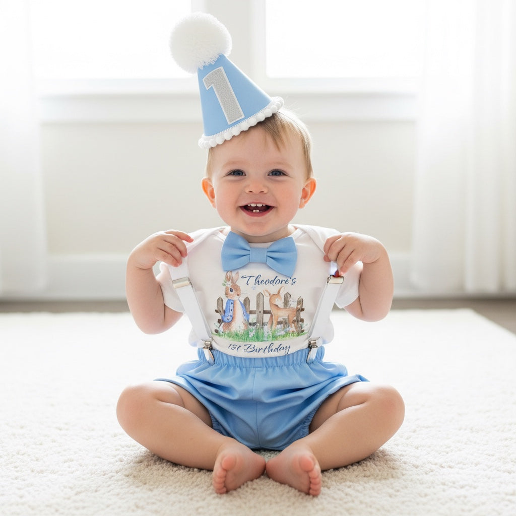 Baby wearing a birthday outfit with a hat and bib, sitting on a carpeted floor.