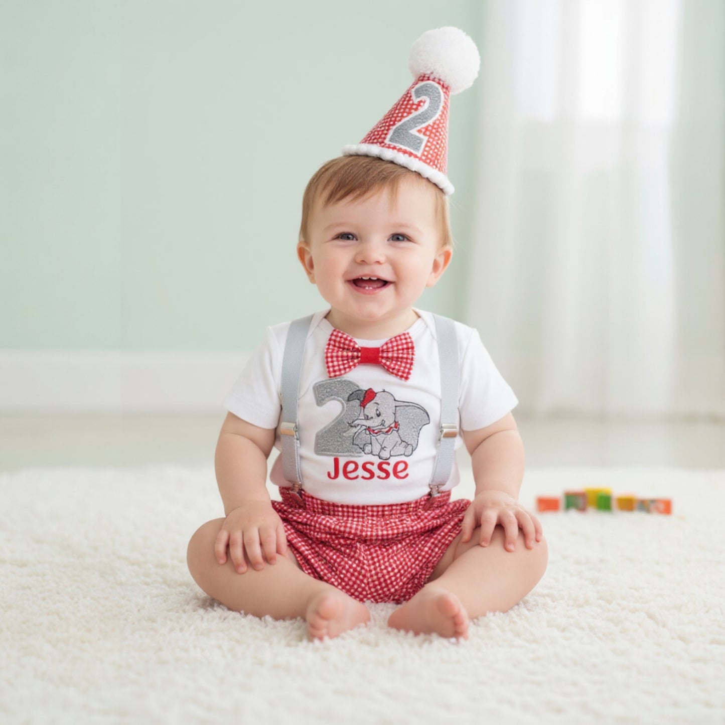 Dumbo Birthday Outfit – Baby Boy Cake Smash Outfit With Red Gingham Shorts & Hat