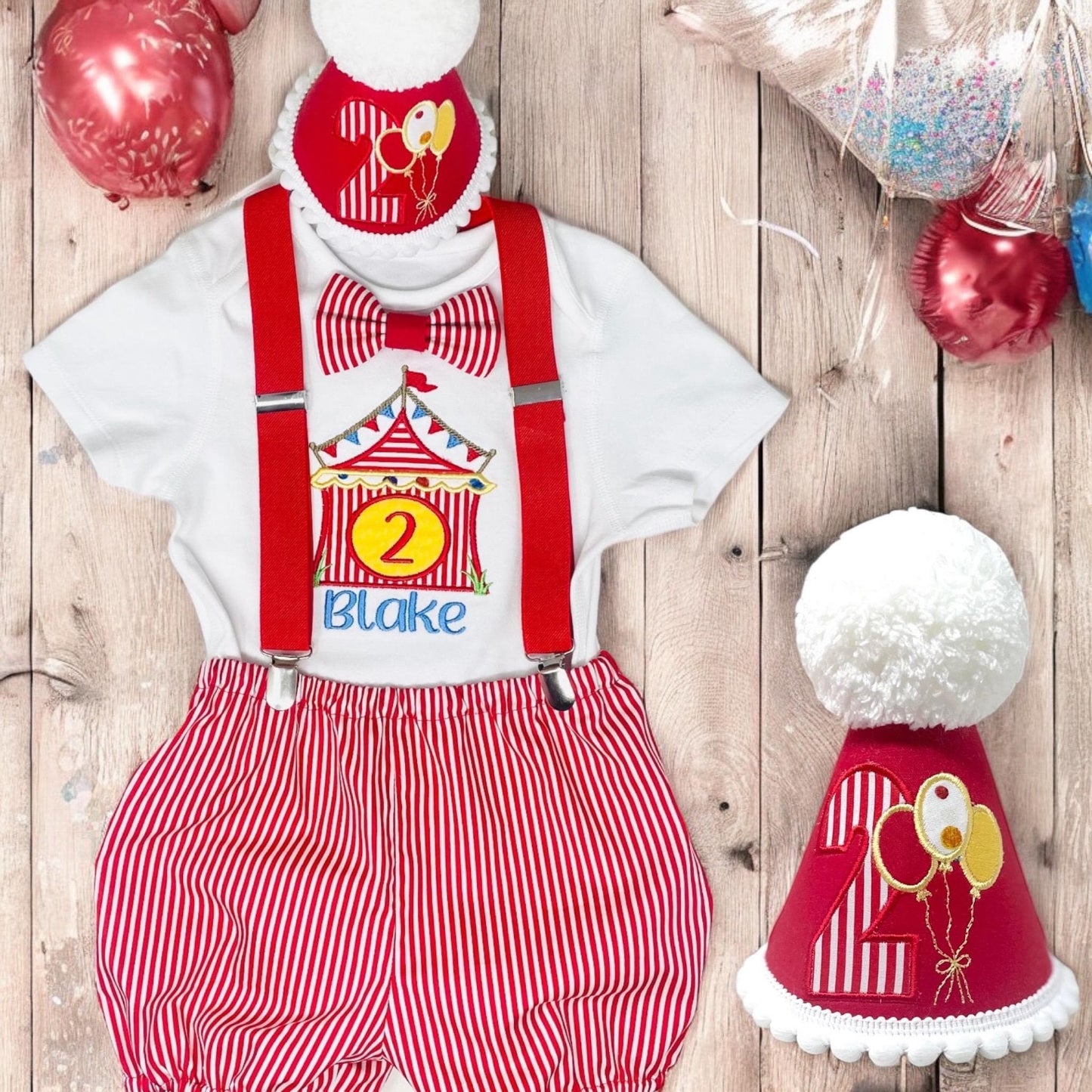 Personalised Circus Birthday Outfit – Red Stripe Cake Smash Set
