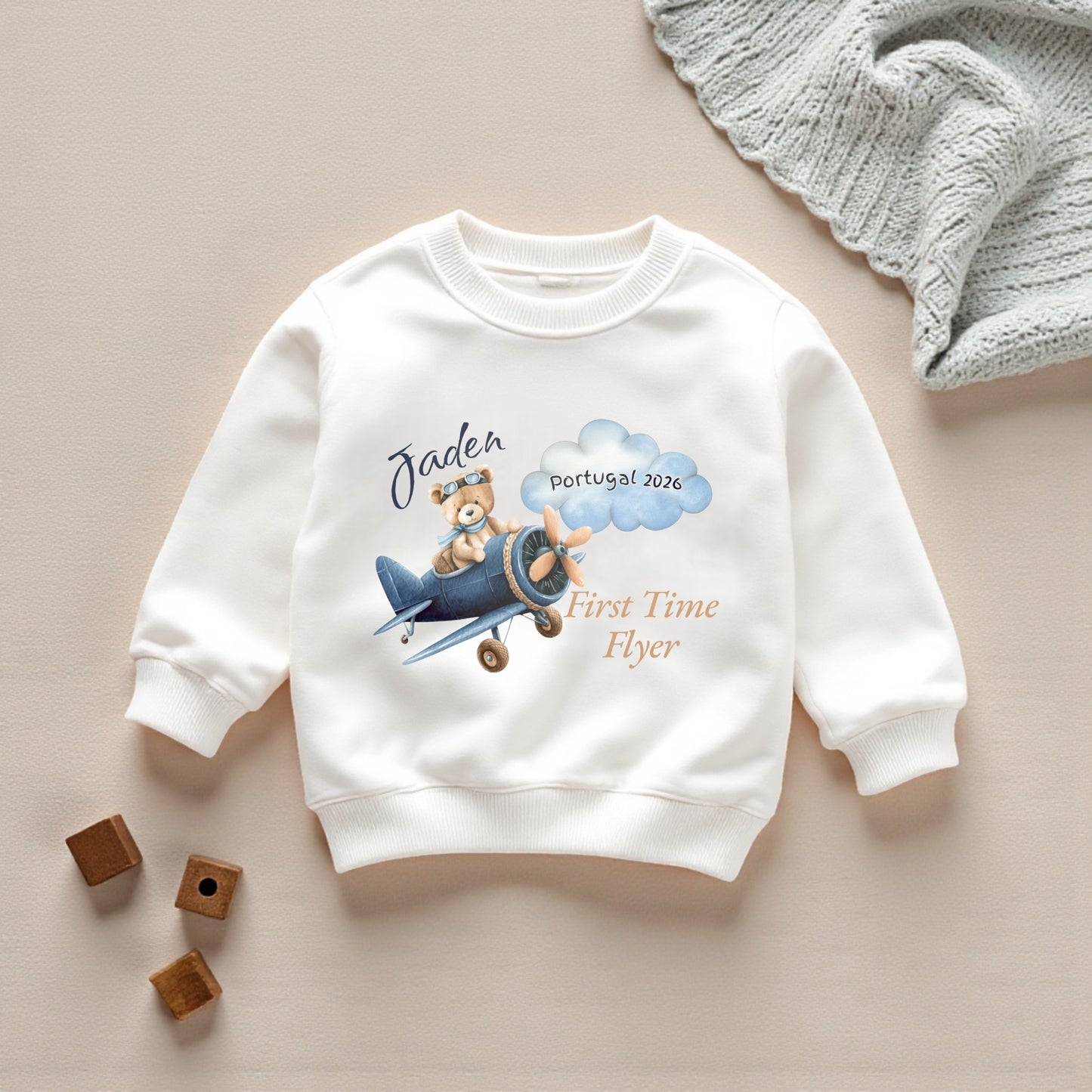 Personalised First Time Flyer baby T-shirt or sweater with teddy aviator and custom name, destination and year
