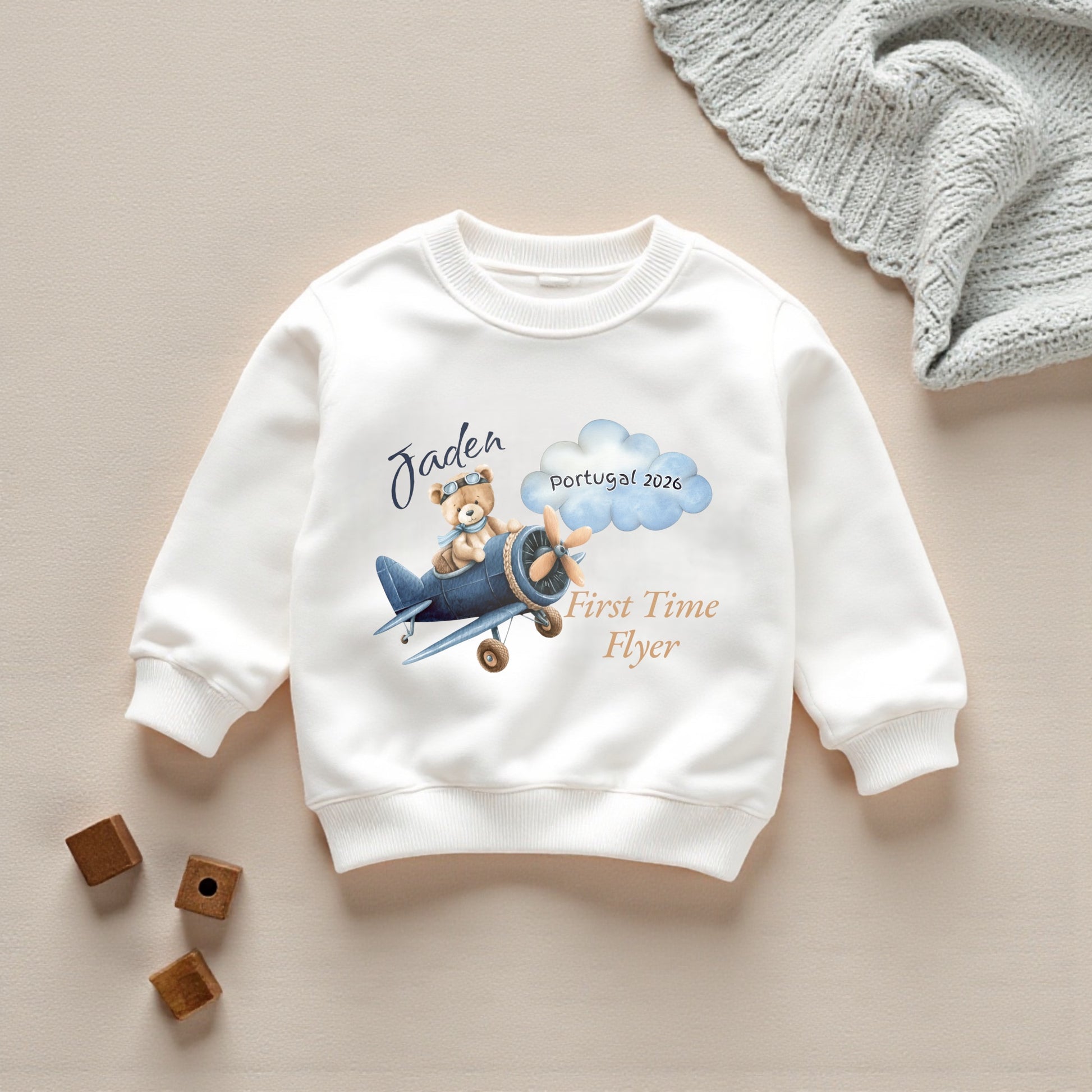 Personalised First Time Flyer baby T-shirt or sweater with teddy aviator and custom name, destination and year