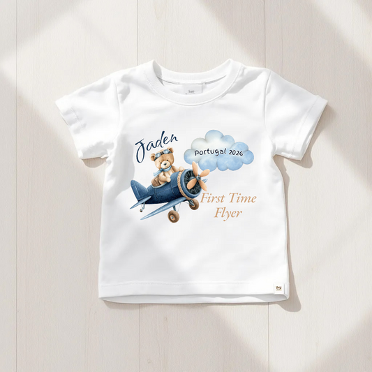 Personalised First Time Flyer baby T-shirt or sweater with teddy aviator and custom name, destination and year