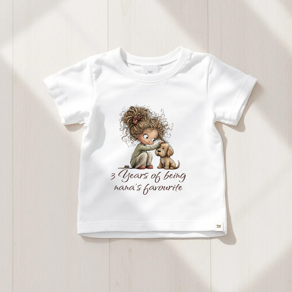 White t-shirt with a child illustration and text on a wooden surface