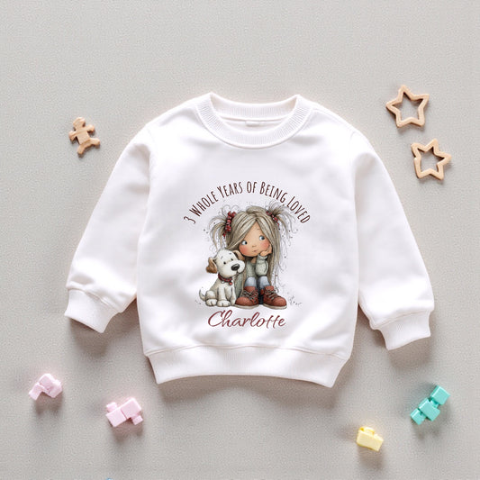 Personalised girls birthday sweatshirt with girl and dog illustration