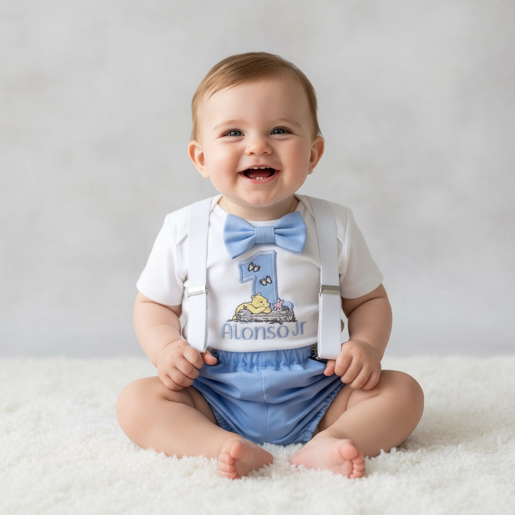 Winnie Pooh Cake Smash Outfit - Baby Boy 1st Birthday Party Set