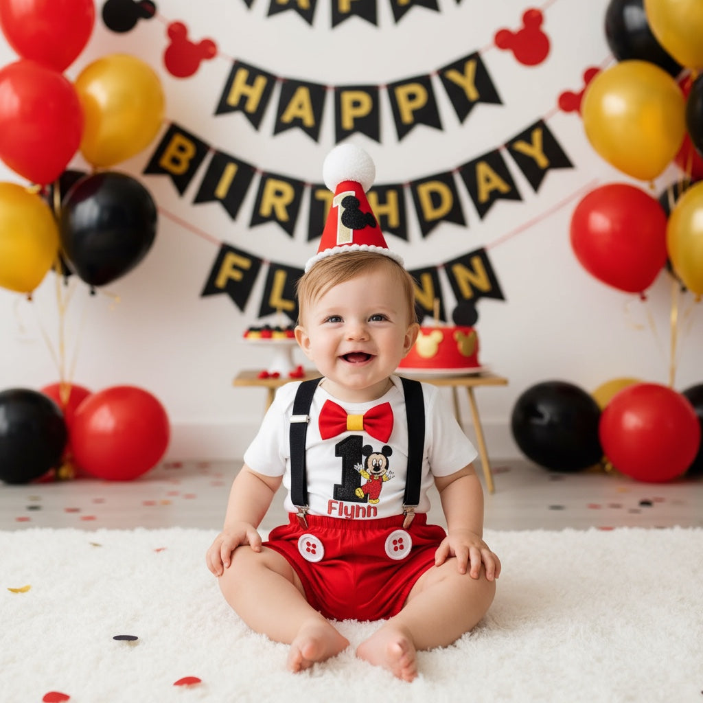 Child in a birthday outfit with balloons and 'Happy Birthday' banner