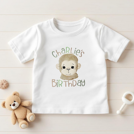 🐵 Personalised Monkey Birthday Jumper or T-Shirt – Made to Order with Raw-Edge Appliqué