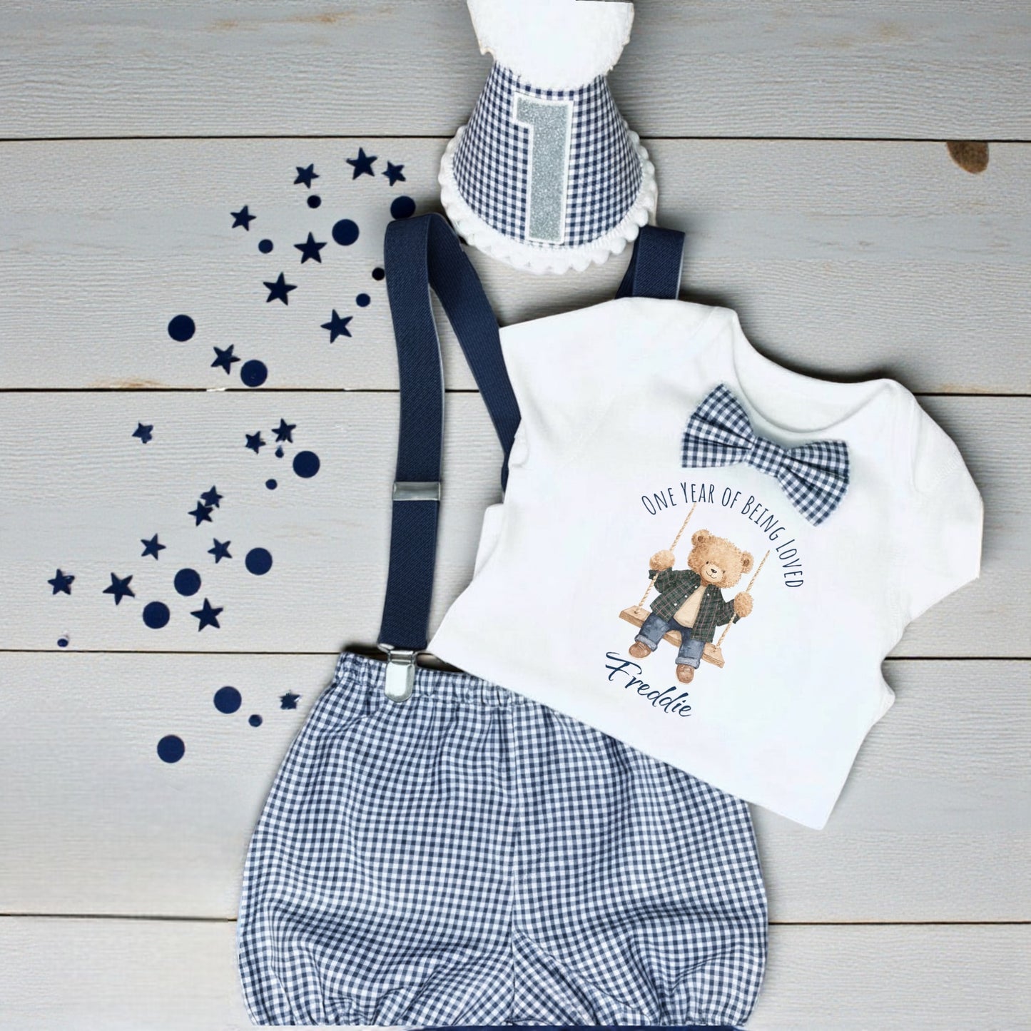 Baby boy cake smash outfit with printed teddy bear design