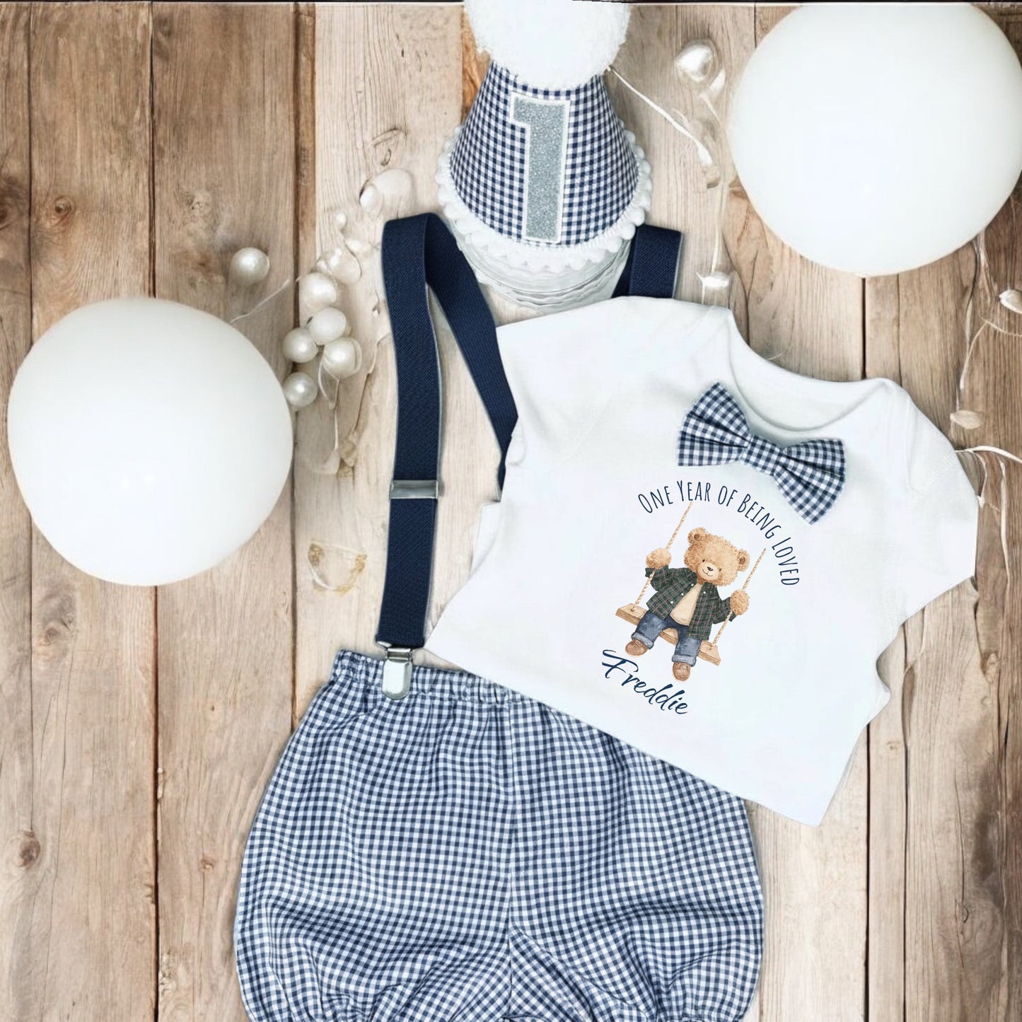 Handmade personalised first birthday outfit for baby boy