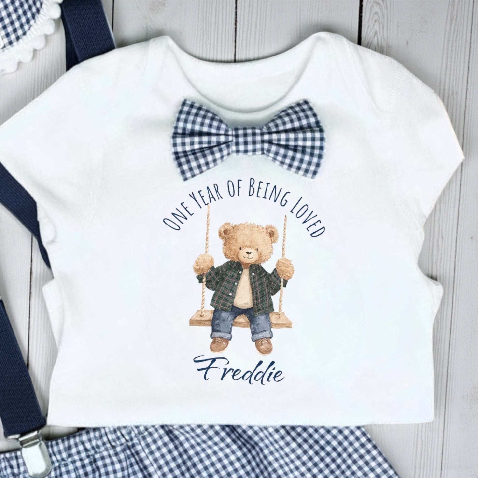 One year of being loved baby birthday top personalised with name