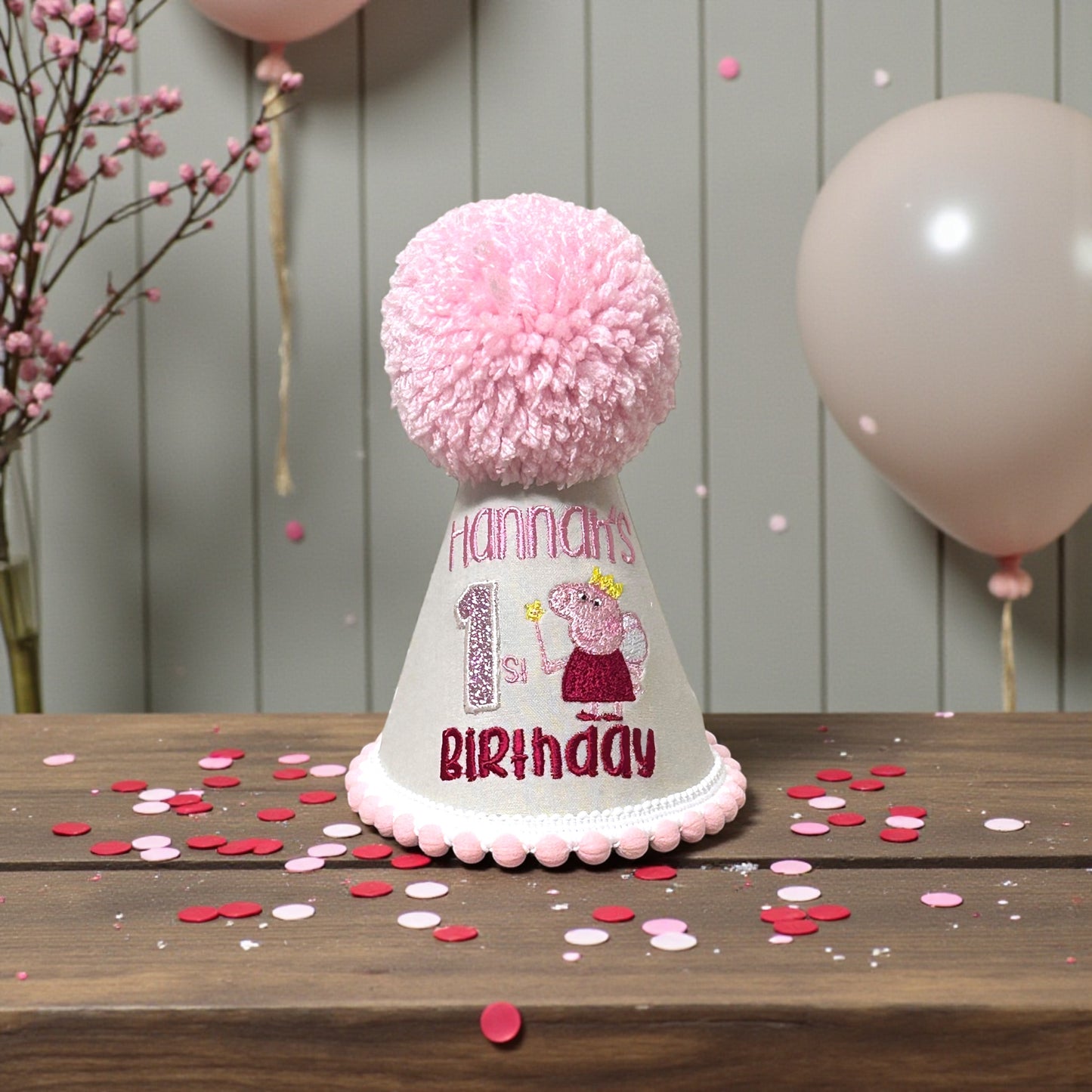 Personalised Children Birthday Hat – Handmade Party Hat With Pom Pom & Custom Name