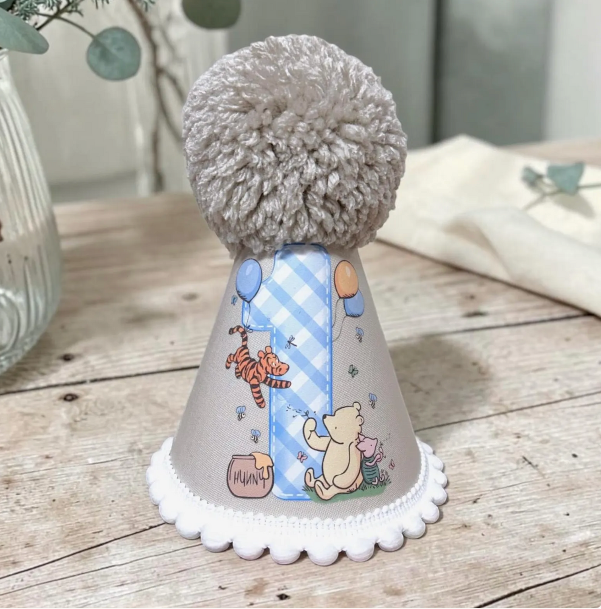 Pooh bear hat with a gingham number one