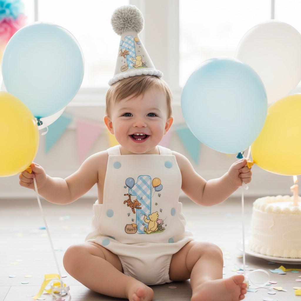 Baby boy wearing handmade Classic Pooh first birthday cake smash romper and matching party hat in cream and baby blue