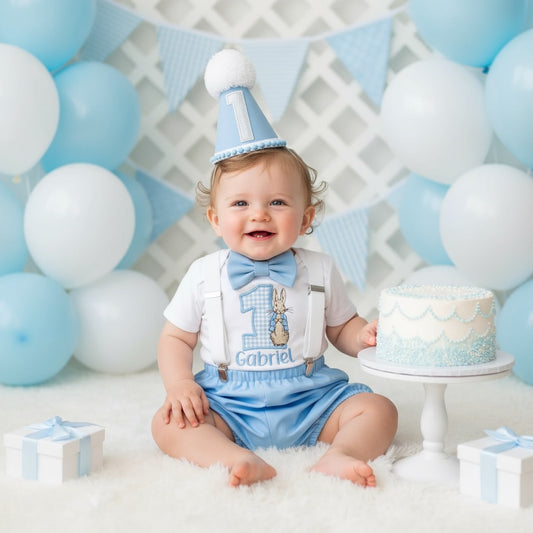 Peter Rabbit Birthday Outfit - Blue Baby Shorts Set With Embroidered Vest & Hat