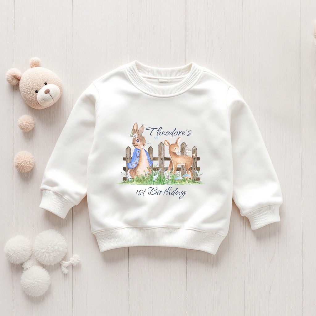 Personalised baby boy birthday sweatshirt with Peter Rabbit design