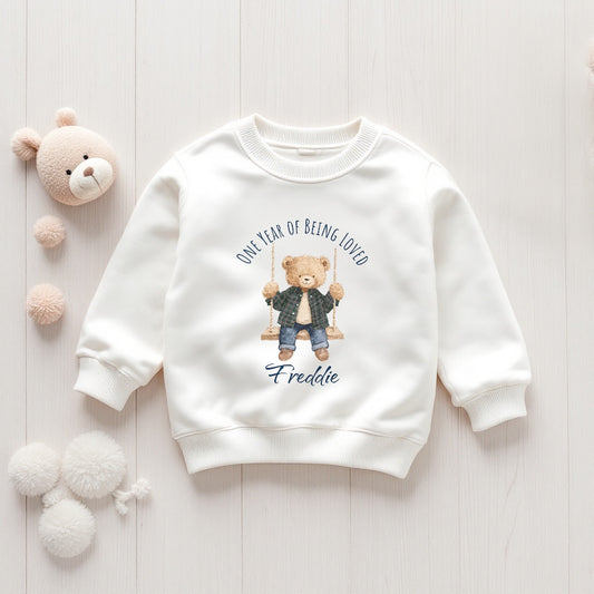 One year of being loved baby birthday top personalised with name
