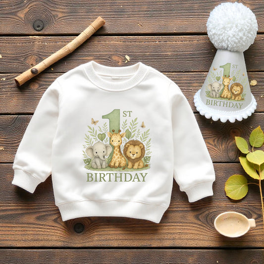 Jungle Animal 1st Birthday Outfit – Neutral Baby Sweatshirt & Handmade Party Hat Set | Safari Cake Smash Outfit