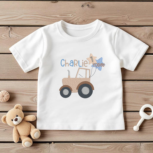 Farmyard Tractor Personalised Birthday T-shirt or Sweatshirt – Embroidered with Name Age – Baby & Toddler Cake Smash Top